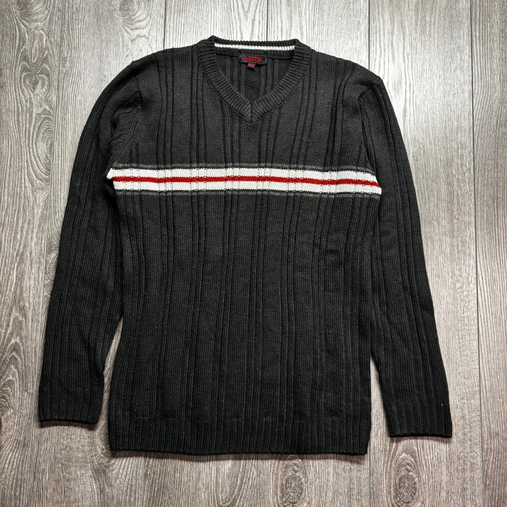 Vintage Y2K Meta Black Ribbed V-Neck Medium Sweater Red White Stripe Mens Surf